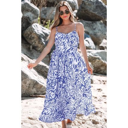 Sky Blue Floral Print Spaghetti Strap High Waist Maxi Dress