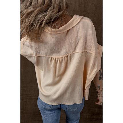 Beige Waffle Splicing Short Batwing Sleeve Flap Detail Shirt