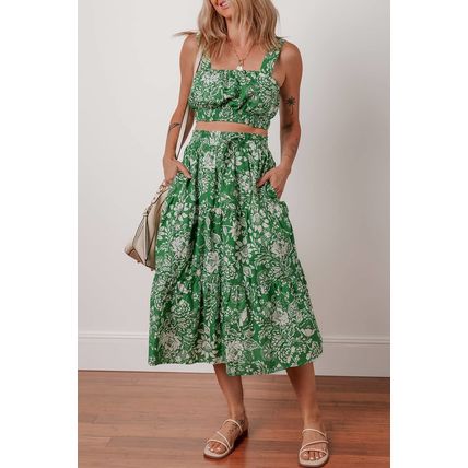 Green Floral Print Shirred Crop Top and High Waist Midi Skirt Set