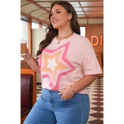 Light Pink Eyelet Lace Star Applique Plus Size T Shirt
