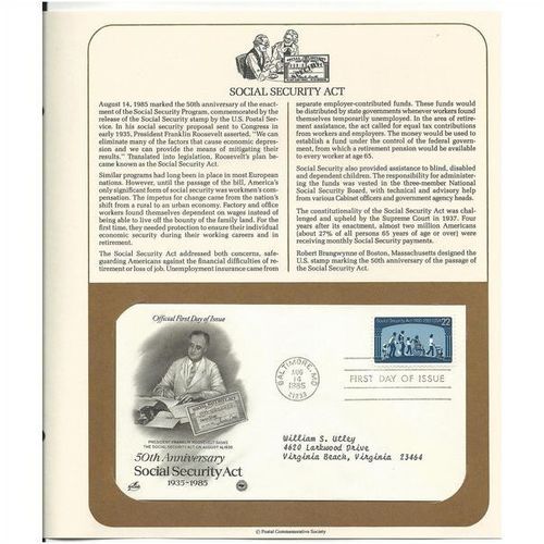 SOCIAL SECURITY ACT ' OFFICIAL FIRST DAY of ISSUE ' (1985)