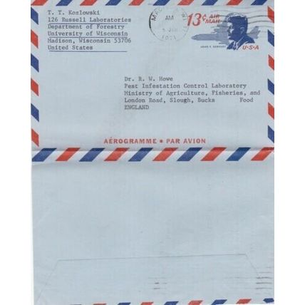 United States 1971 13c Kennedy Aerogramme Madison Wisconsin-Slough UK typed VGC