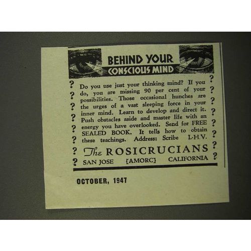 1947 The Rosicrucians Ad - Behind Your Conscious Mind