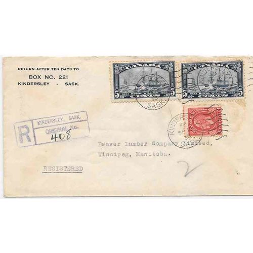 Canada REGISTERED 1933, Kindersley SASK to Winnipeg MAN