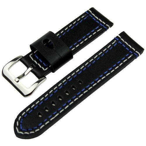 Black Leather 24mm Watch Strap with Double stitching in Blue, Red or Yellow