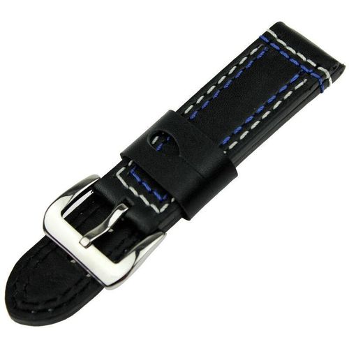 Black Leather 24mm Watch Strap with Double stitching in Blue, Red or Yellow