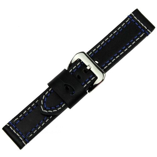 Black Leather 24mm Watch Strap with Double stitching in Blue, Red or Yellow