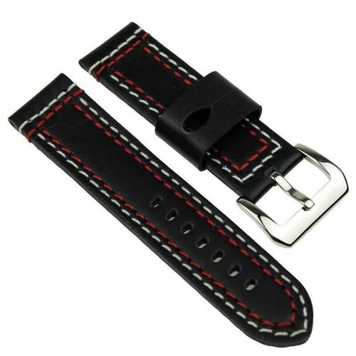 Black Leather 24mm Watch Strap with Double stitching in Blue, Red or Yellow