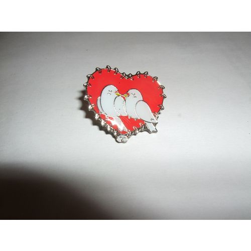 Enamel White Lovebirds on Red Heart Badge