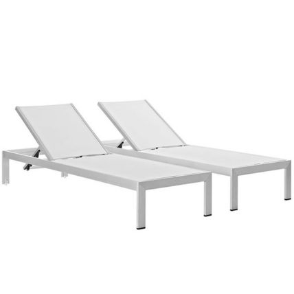 2 Outdoor Lounge Sun Chairs Black, White, Gray Textiline Mesh Brushed Aluminum