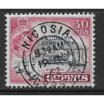 CYPRUS 1960 30M OPT CYPRUS REPUBLIC BLACK & CARMINE SG 195 FINE USED#2