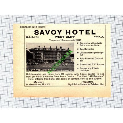 Savoy Hotel Bournemouth Grandhaie / Hinton Firs AC Waters -1965 Small Cutting