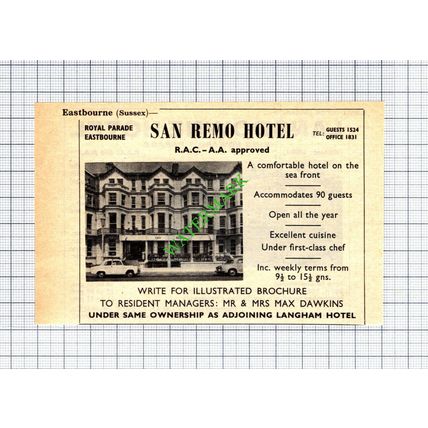 Lansdowne Hotel Eastbourne Lewis / San Remo Dawkins -1965 Small Cutting