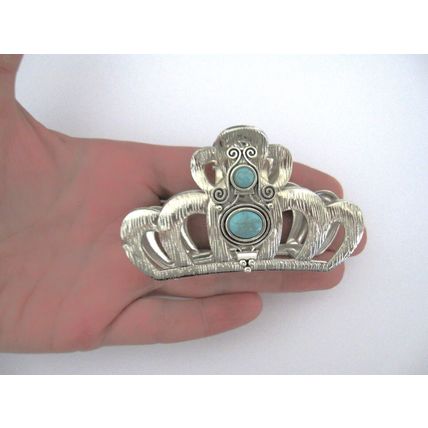 Hair claw clip turquoise blue stone textured silver metal western style