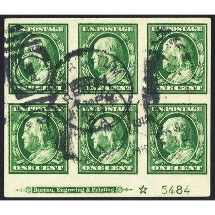383, Used 1¢ XF Plate Block of Six Stamps * Stuart Katz