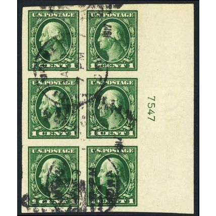 408, Used 1¢ Superb Plate Block of Six Stamps * Stuart Katz