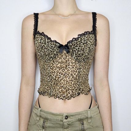 Vintage Leopard Crop Print Top Sexy Contrast Color Bow Lace Patchwork Camis Sexy