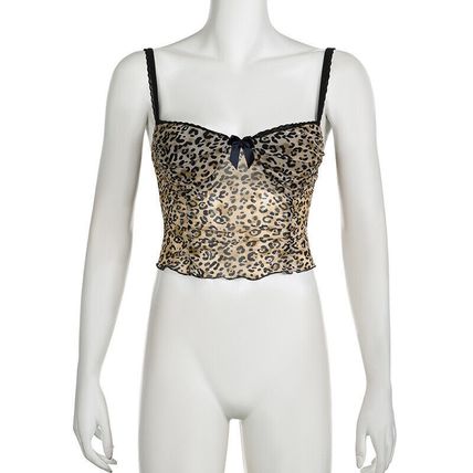 Vintage Leopard Crop Print Top Sexy Contrast Color Bow Lace Patchwork Camis Sexy