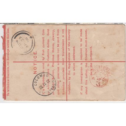 BARBADOS Registered cover 23 Avril 1905 to Galle, Ceylon - backstamped
