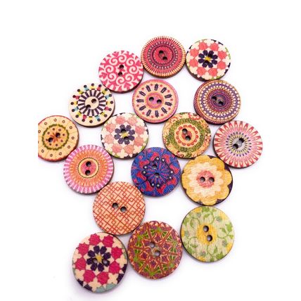20mm Round Shabby Chic Vintage Buttons 2 Hole Mixed Pattern Wooden Sewing