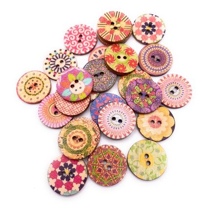 20mm Round Shabby Chic Vintage Buttons 2 Hole Mixed Pattern Wooden Sewing