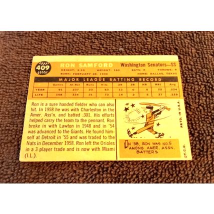 Old Baseball Card Topps 1960 Ron Samford 409 4.0 VG/Ex Or Better Condition (GC)