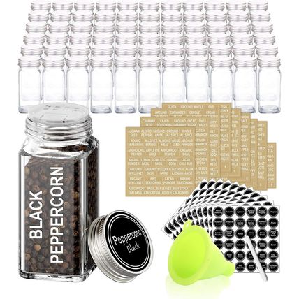 SWOMMOLY 66 Glass Spice Jars with 703 Spice Labels, Chalk Marker and Funnel Comp