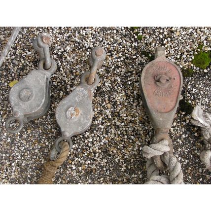 Collection of Large Vintage Metal Pulleys & Chains /Rope decoration hoist winch