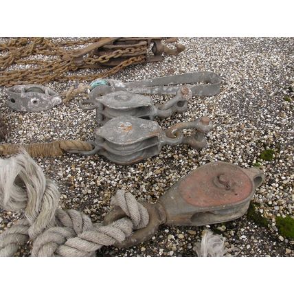 Collection of Large Vintage Metal Pulleys & Chains /Rope decoration hoist winch