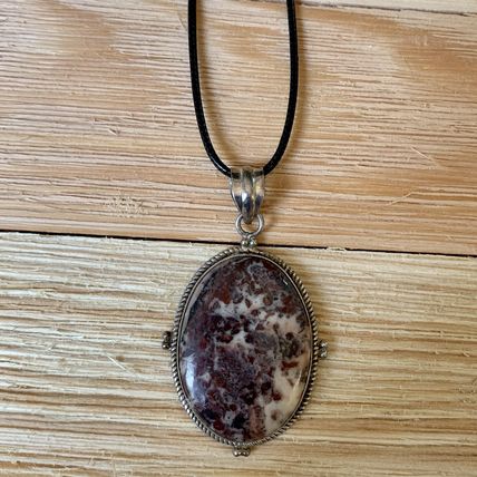 Red Brecciated Jasper Oval Pendant Necklace 925 Silver Adjustable Cord Chain 20"