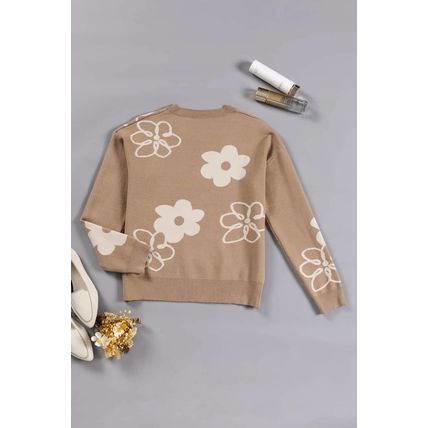 Camel Floral Drop Shoulder Ribbed Trim Sweater