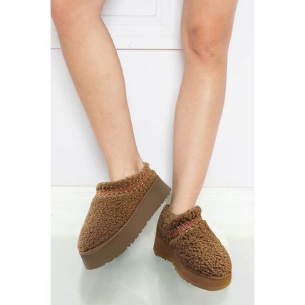 Chestnut Embroidered Sherpa Plush Thick Sole Winter Slippers