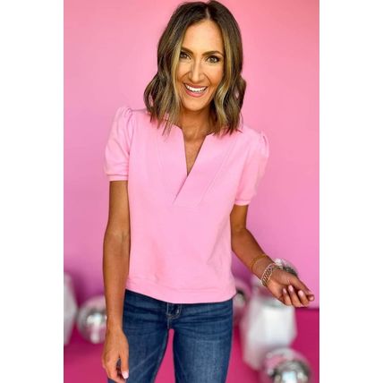 Pink Collared V Neck Puff Sleeve T-shirt