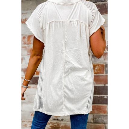 White Hollow Knit Splicing Keyhole Back Tunic Top