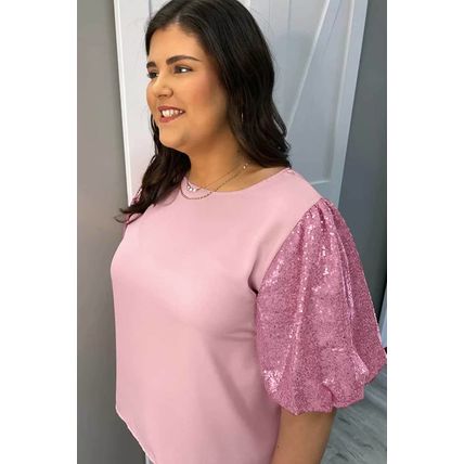 Pink Contrast Sequin Bubble Sleeve Plus Size T-shirt