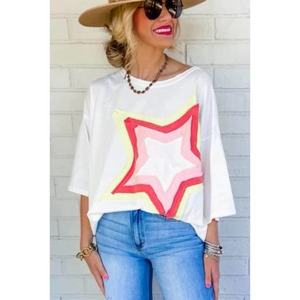 White Colorblock Star Patched Half Sleeve Oversized Tee