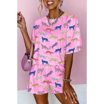 Pink Flower Print Short Sleeve High Waist Two Piece Shorts Set