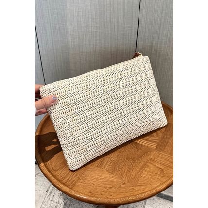 Oatmeal Straw Woven Wrist Strap Zipper Large Wallet
