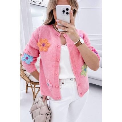 Pink Cute Knitted Floral Pattern Button Up Cardigan