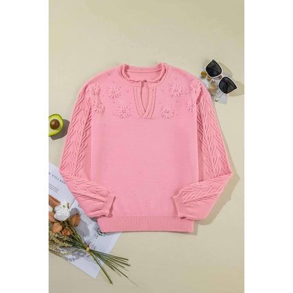 Peach Blossom Flower Detail Knitted Notched Neck Sweater