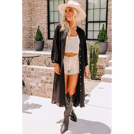 Black 3/4 Sleeve Button Up Long Kimono