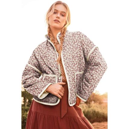 Pink Floral Print Contrast Edge Stand Neck Coat