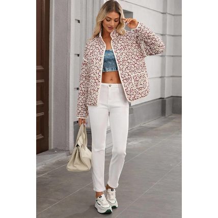 Pink Floral Print Contrast Edge Stand Neck Coat