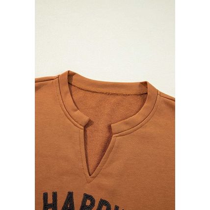 Chestnut Sequin Happy Halloween Graphic Notched Neck Long Sleeve Loose Top