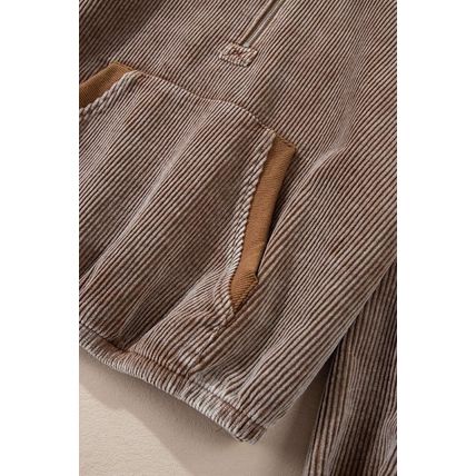 Chestnut Half Zipper Kangaroo Pocket Drawstring Corduroy Hoodie