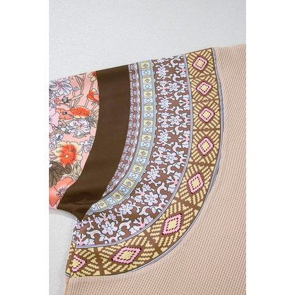 Parchment Contrast Floral Patchwork Puff Sleeve Waffle Knit Top