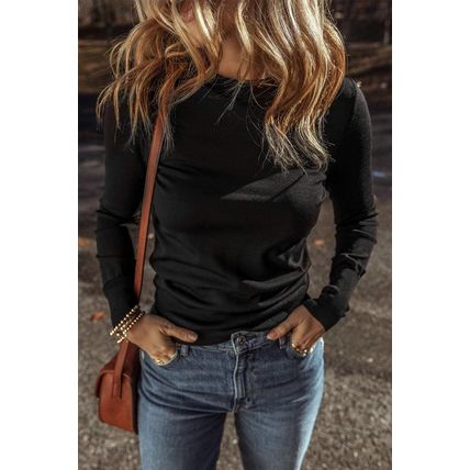 Black Solid Color Slim Fit Lightweight Crew Neck Sweater