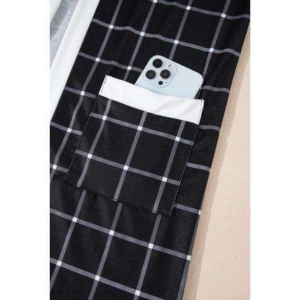 Black Plaid Colorblock Edge Open Cardigan with Pocket