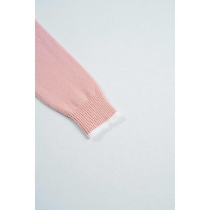 Light Pink Ruffled Bowknot Ribbed Trim Long Sleeve Sweater
