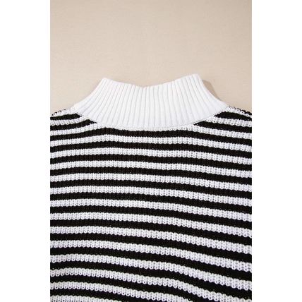 Black Stripe Zip up Collar Drop Shoulder Sweater
